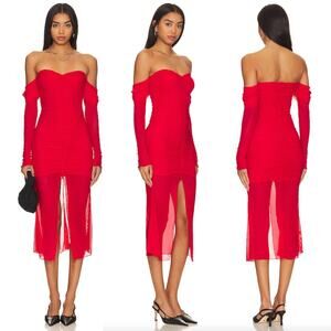 Majorelle | Elise Midi Dress in Cherry Red Mesh Off Shoulder S